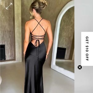 Black satin formal gown, never worn, size S, thigh high split open back